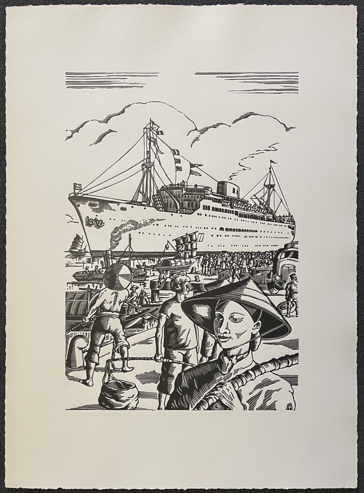 Indochina Vietnam Saigon SS La Marseillaise Ocean Liner Woodcut 1952 France – Image 2