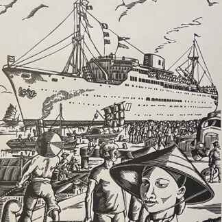 Indochina Vietnam Saigon SS La Marseillaise Ocean Liner Woodcut 1952 France