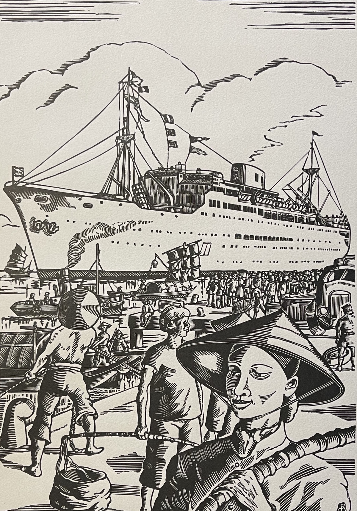 Indochina Vietnam Saigon SS La Marseillaise Ocean Liner Woodcut 1952 France