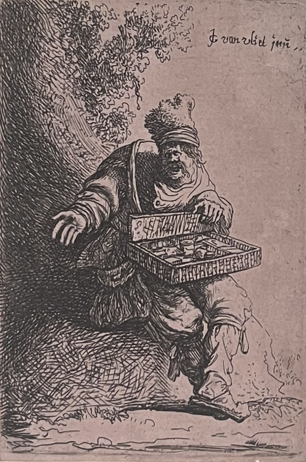 Jan Van Vliet 1632 Original Etching – The Peddler – Rembrandt School – Leiden – Image 2