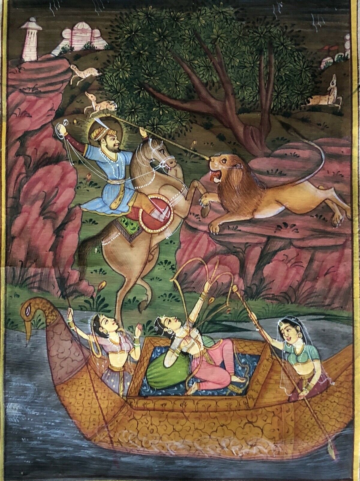 Antique Signed Qajar Persian Miniature Lion Hunt Gouache Painting Manuscript Folio 19th Century – Image 5