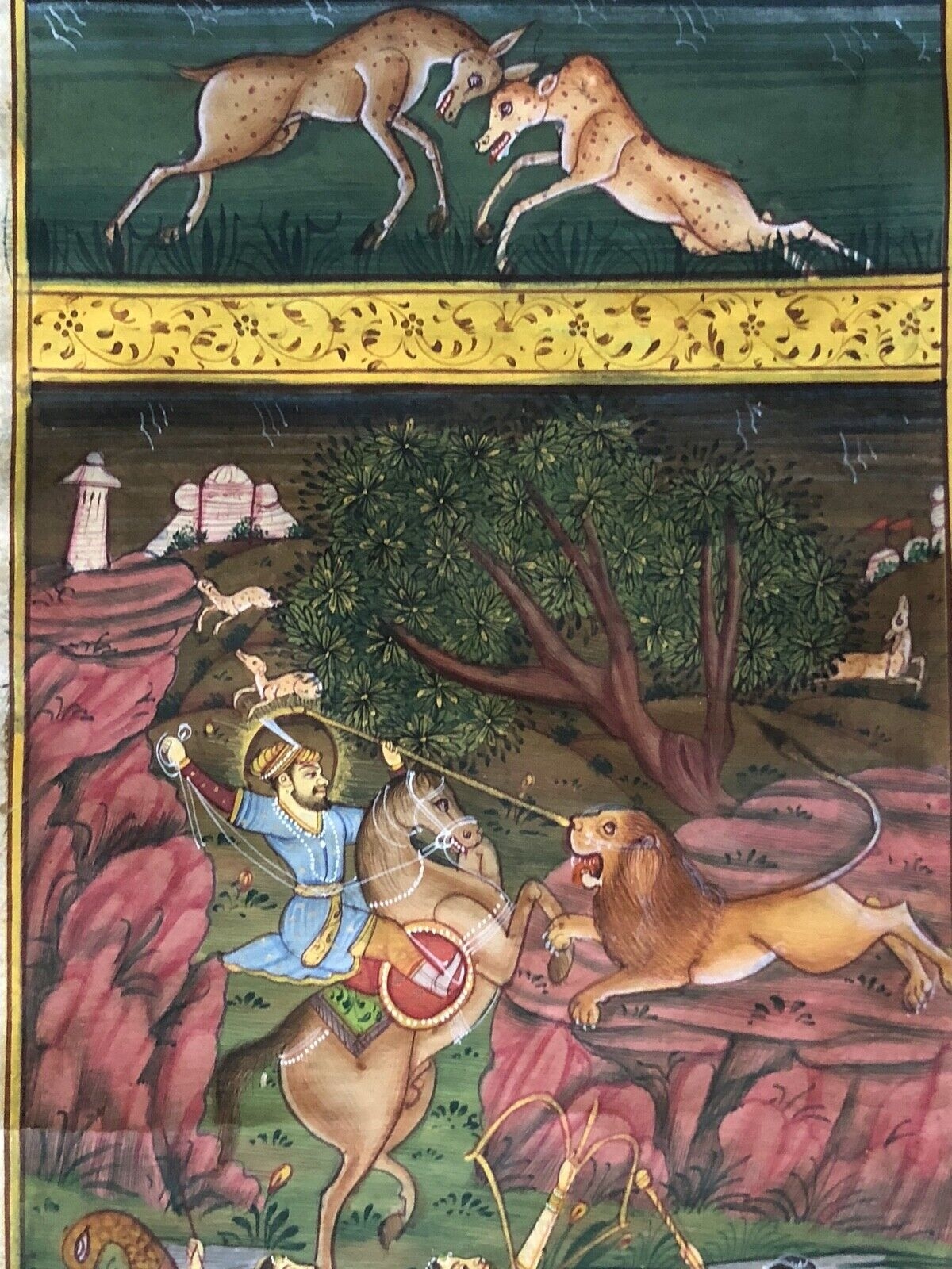 Antique Signed Qajar Persian Miniature Lion Hunt Gouache Painting Manuscript Folio 19th Century – Image 4
