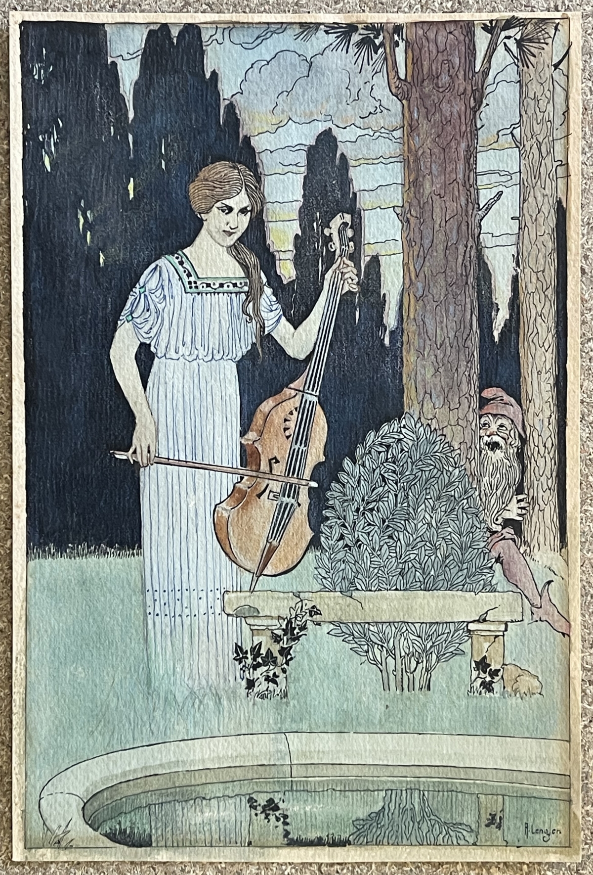 Art Nouveau Watercolor Young Lady Cello Goblin Fairy Signed c 1900 Original – Image 2