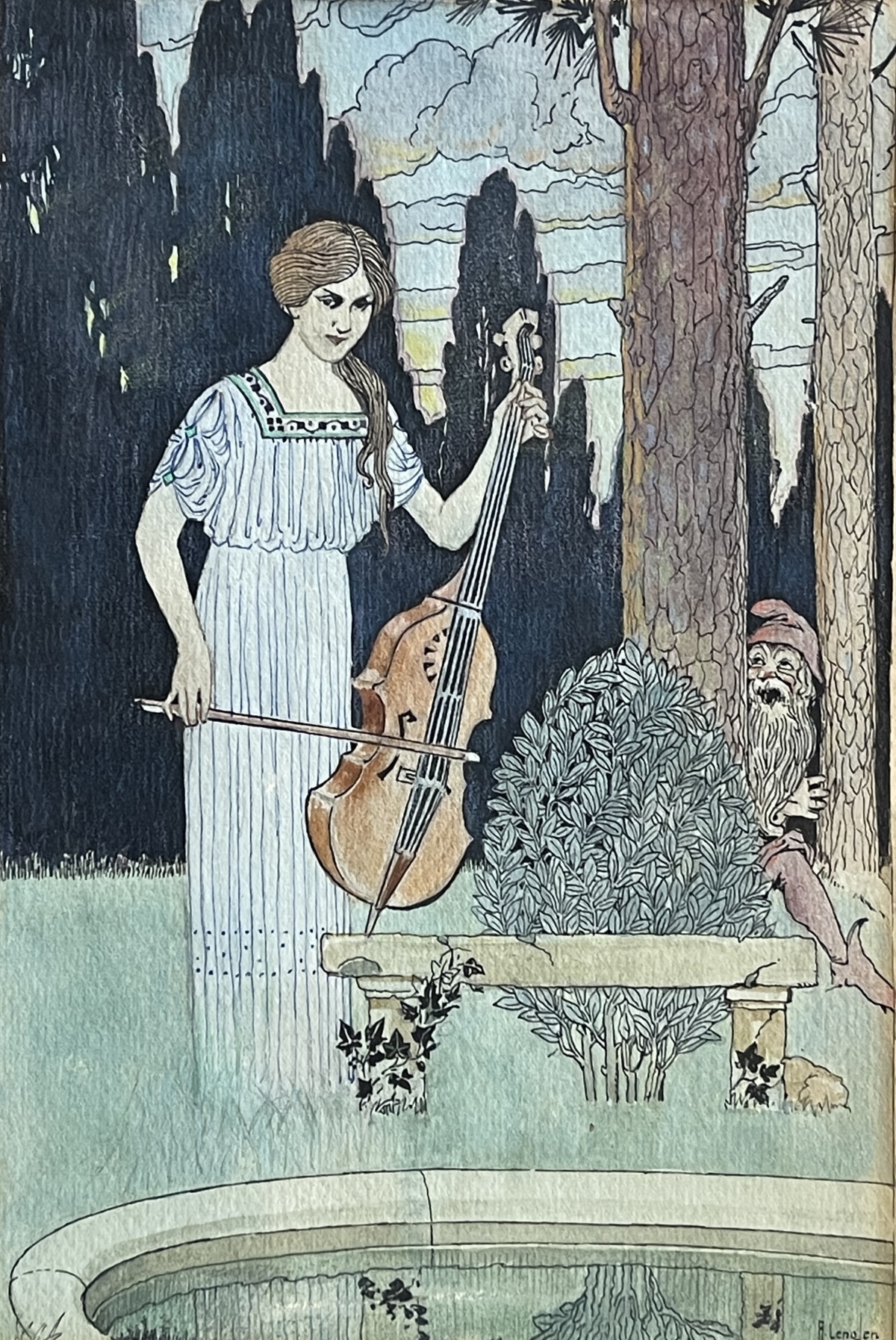 Art Nouveau Watercolor Young Lady Cello Goblin Fairy Signed c 1900 Original