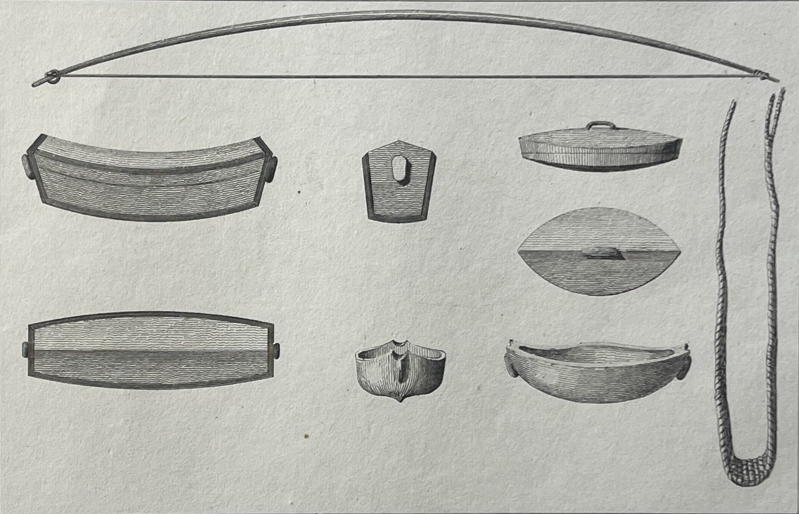 Caroline Islands 1836 Gouap Original Antique Engraving Native Weapons & Utensils