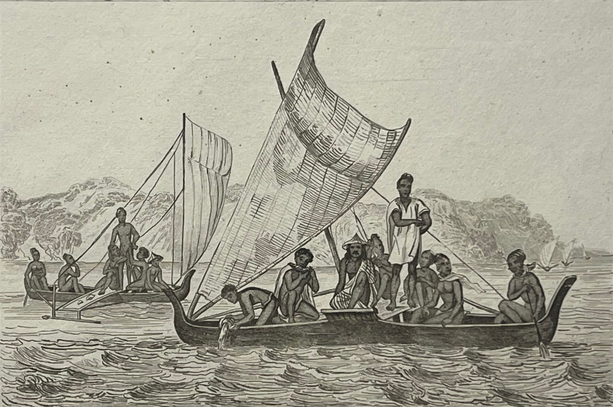 Caroline Islands 1836 Micronesia Engraving Native Sailing Canoe Navigation Ocean
