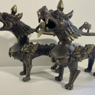 Chine Pair Antique Chinese Bronze Mythical Guardian Beasts Male Female 19th