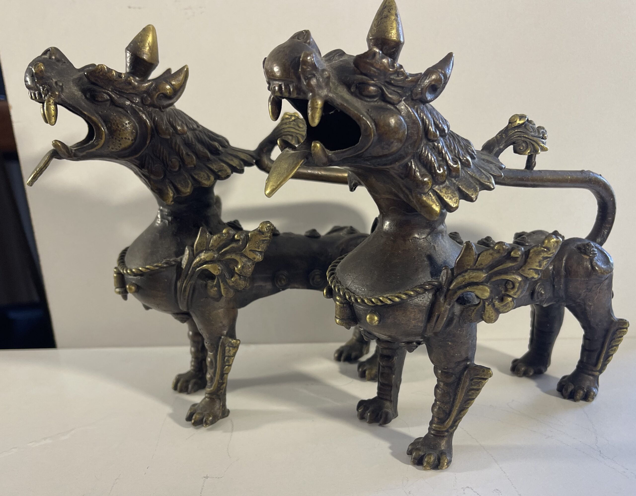 Chine Pair Antique Chinese Bronze Mythical Guardian Beasts Male Female 19th