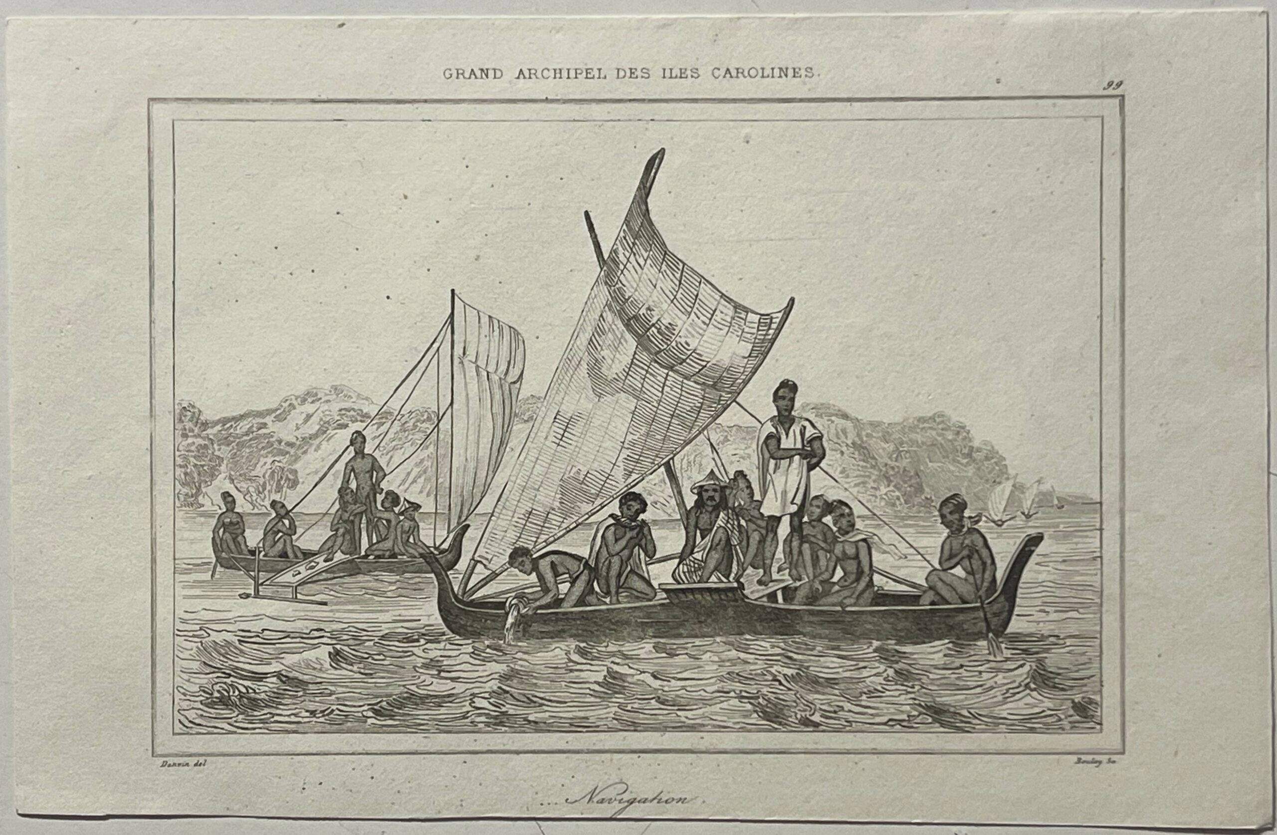 Caroline Islands 1836 Micronesia Engraving Native Sailing Canoe Navigation Ocean – Image 2