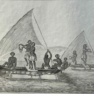 Caroline Islands Micronesia 1836 Original Antique Engraving Native Sailing Canoe