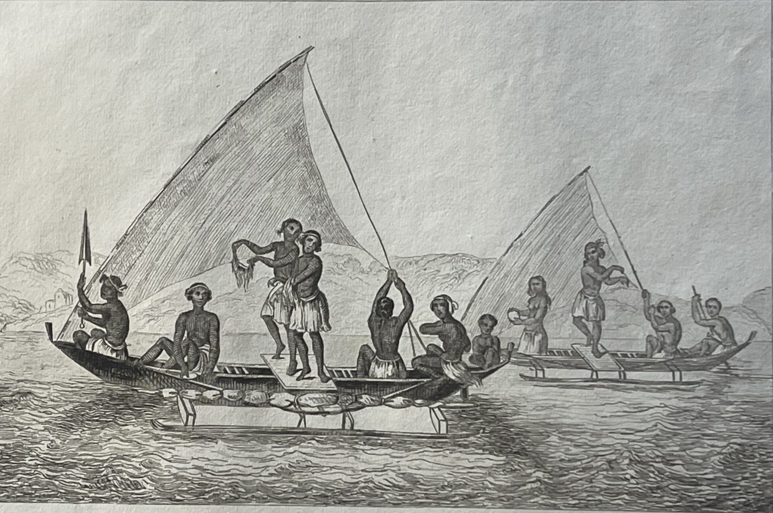 Caroline Islands Micronesia 1836 Original Antique Engraving Native Sailing Canoe