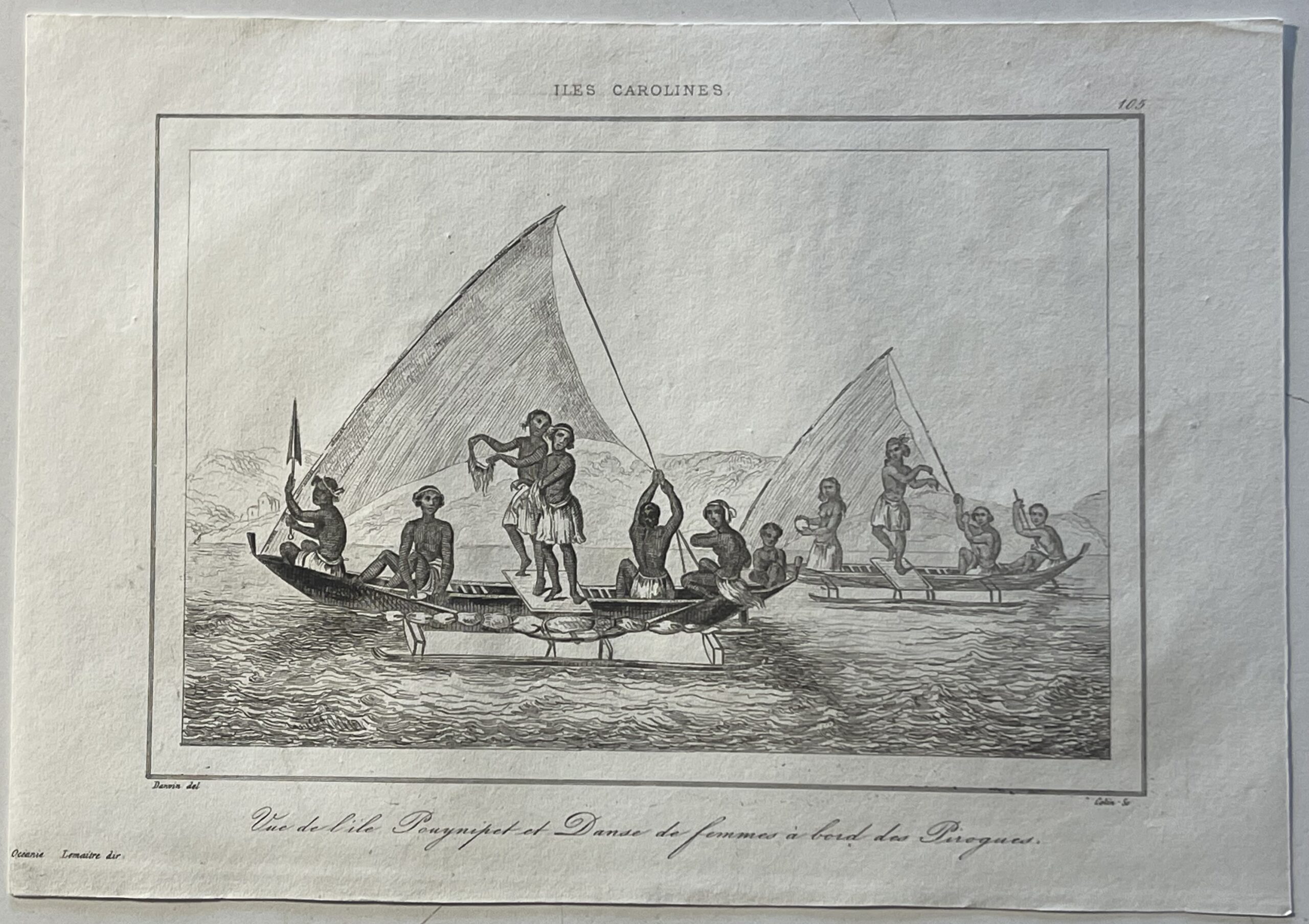 Caroline Islands Micronesia 1836 Original Antique Engraving Native Sailing Canoe – Image 2