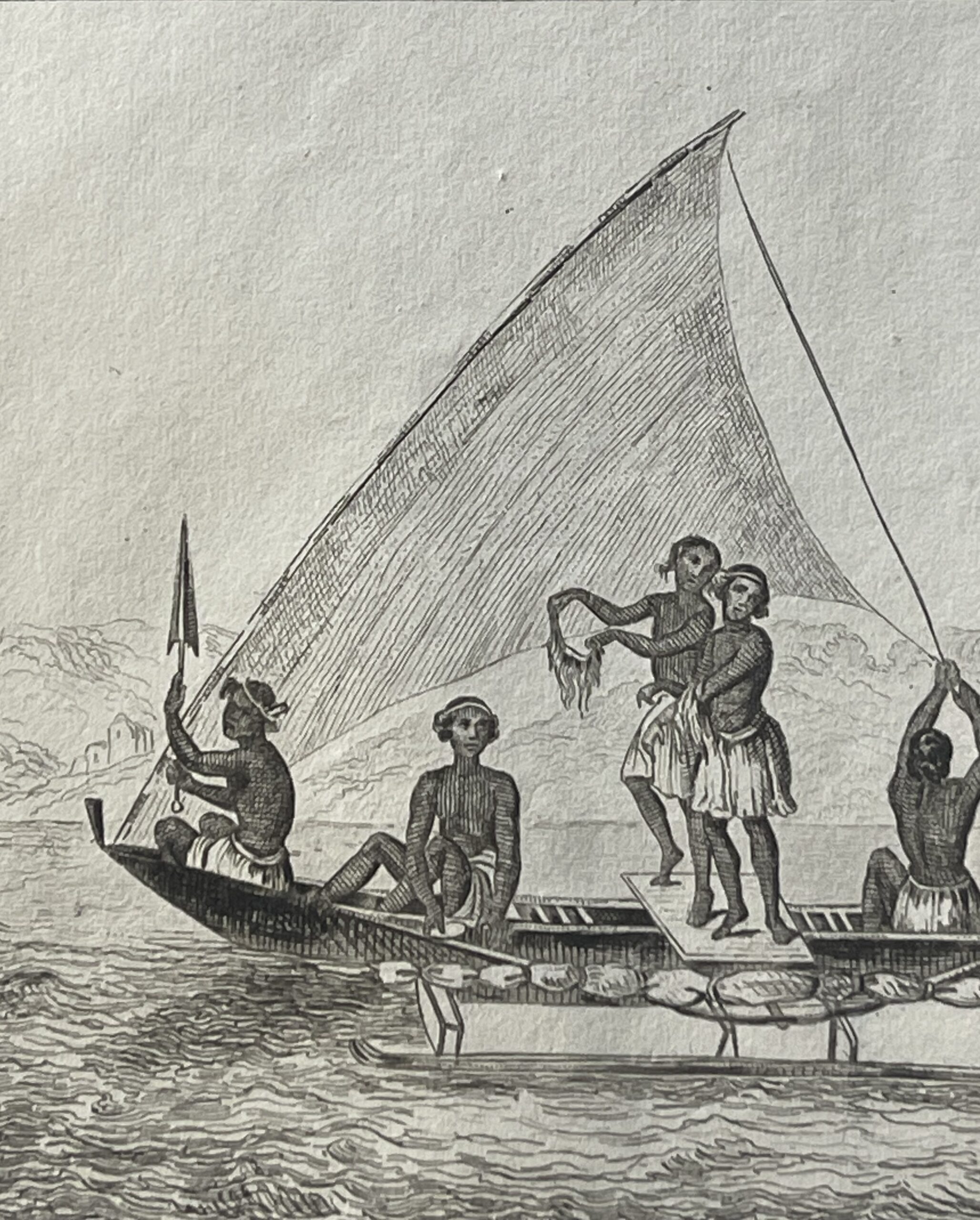 Caroline Islands Micronesia 1836 Original Antique Engraving Native Sailing Canoe – Image 5