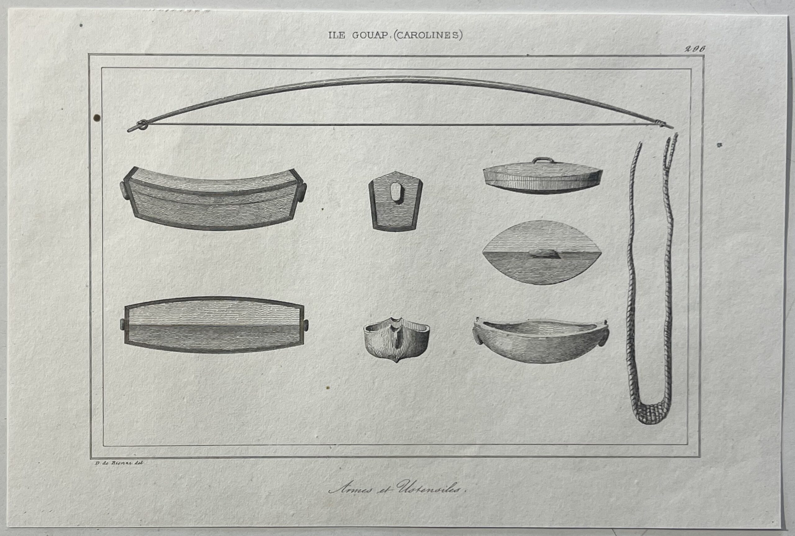 Caroline Islands 1836 Gouap Original Antique Engraving Native Weapons & Utensils – Image 3