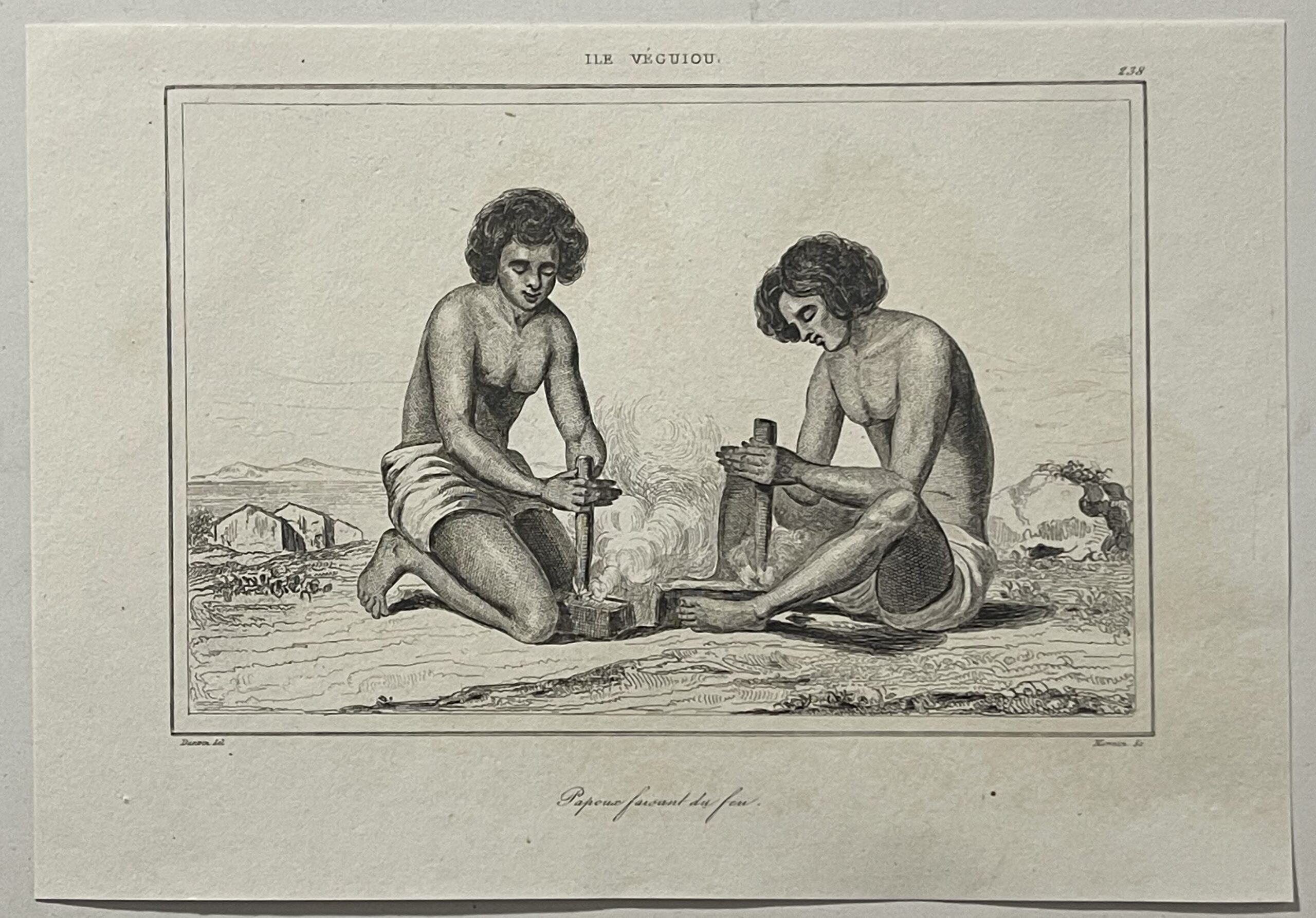 Veguiou Island Fire Making print 1836 Dumont d'Urville Pacific Oceania Véguïou – Image 4