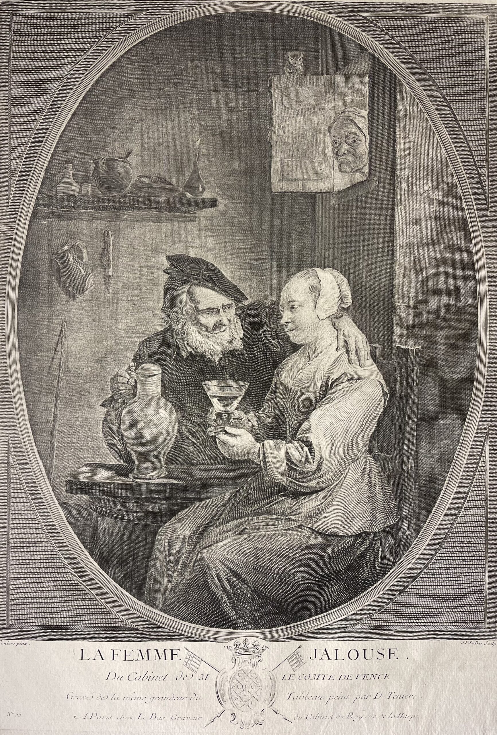 1747 Le Bas after Teniers La Femme Jalouse Original Antique Engraving France – Image 3