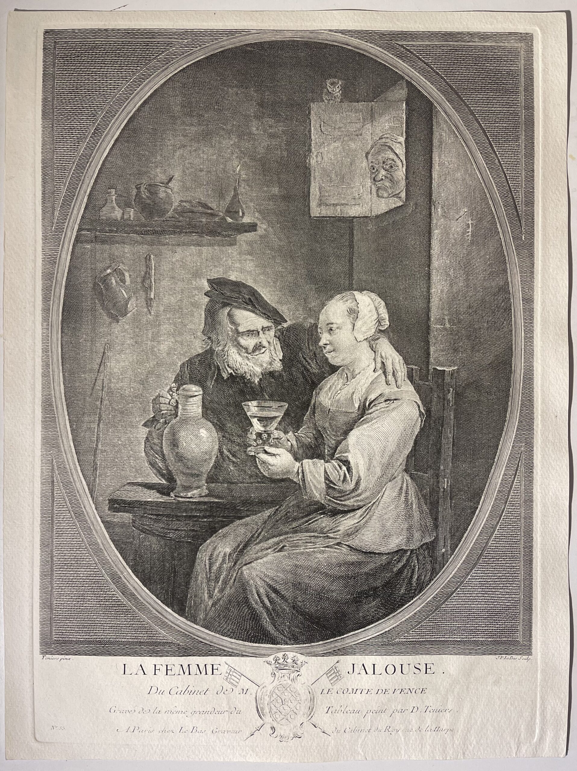 1747 Le Bas after Teniers La Femme Jalouse Original Antique Engraving France – Image 2
