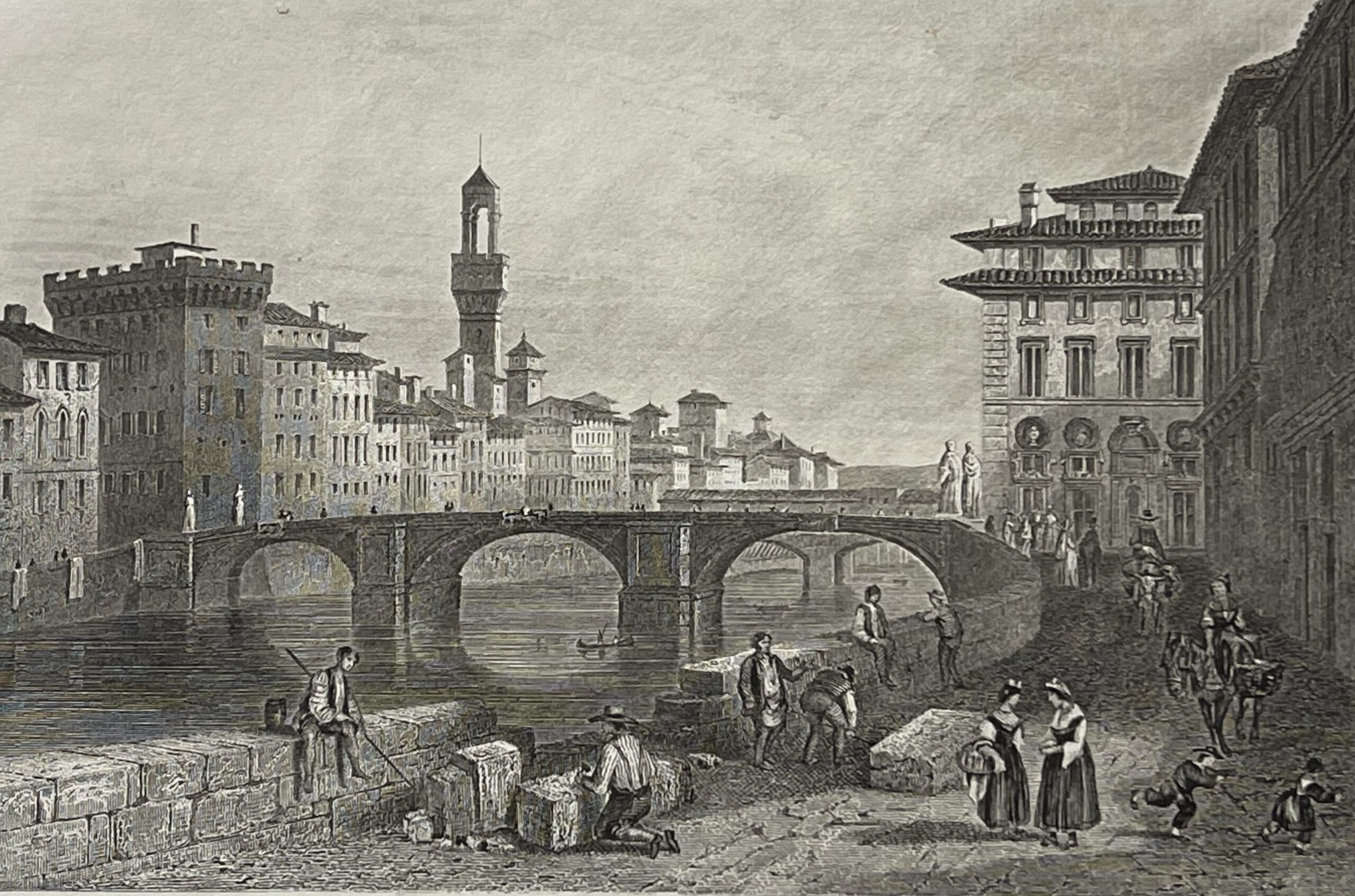 Florence Italy Ponte Santa Trinita Antique Engraving J Schroeder c 1858 Italie