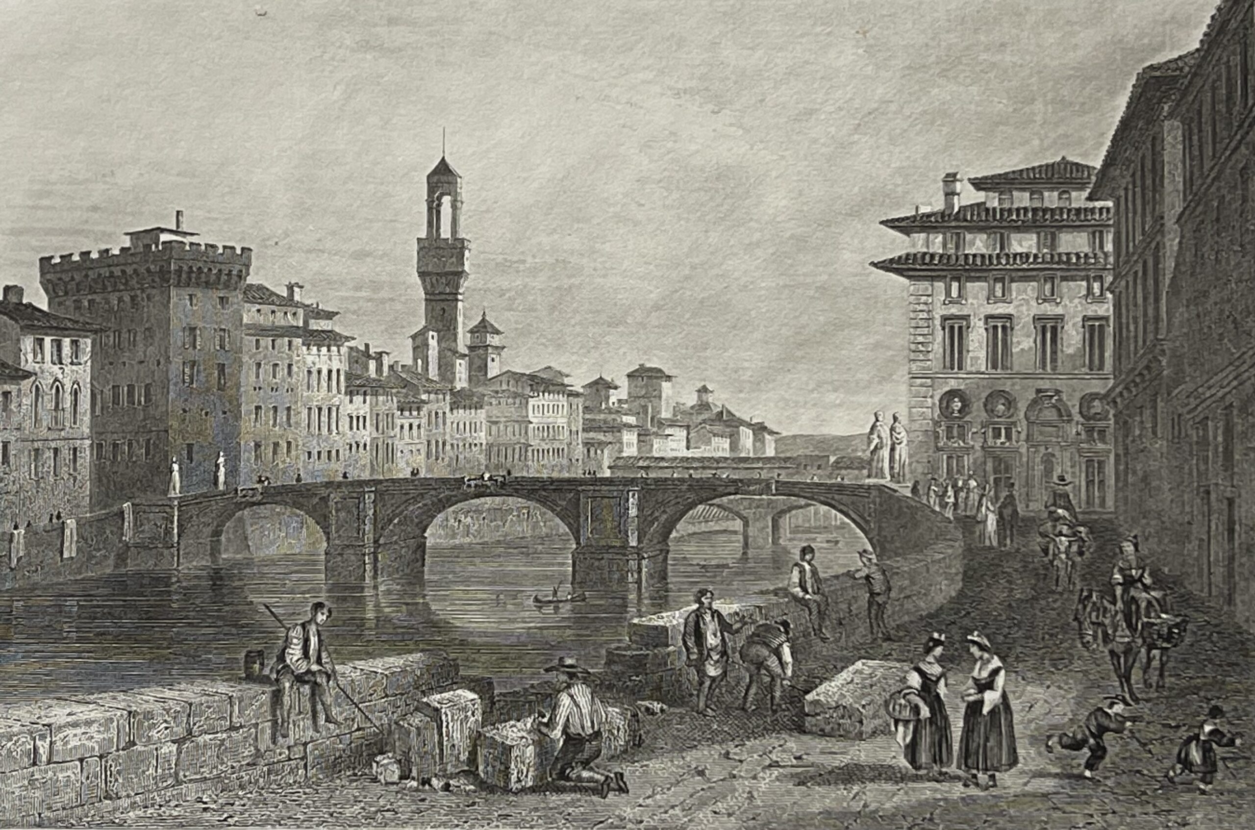 Florence Italy Ponte Santa Trinita Antique Engraving J Schroeder c 1858 Italie – Image 9