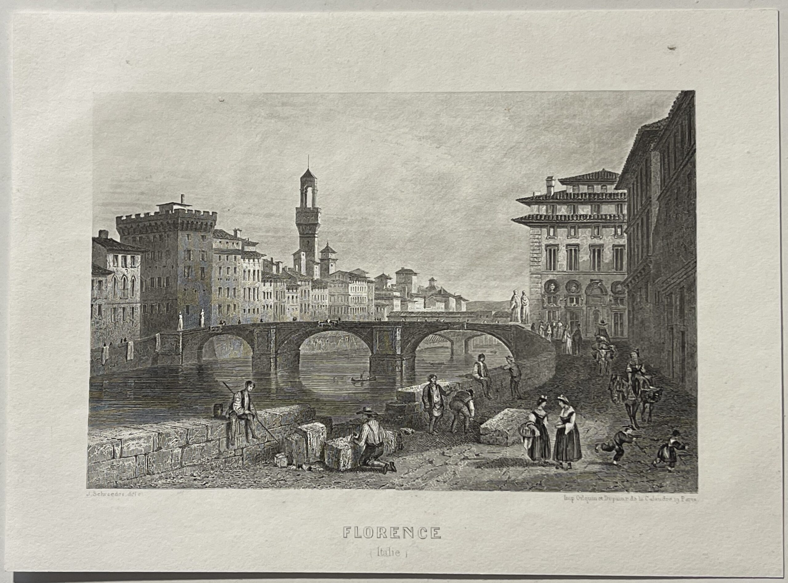 Florence Italy Ponte Santa Trinita Antique Engraving J Schroeder c 1858 Italie – Image 3