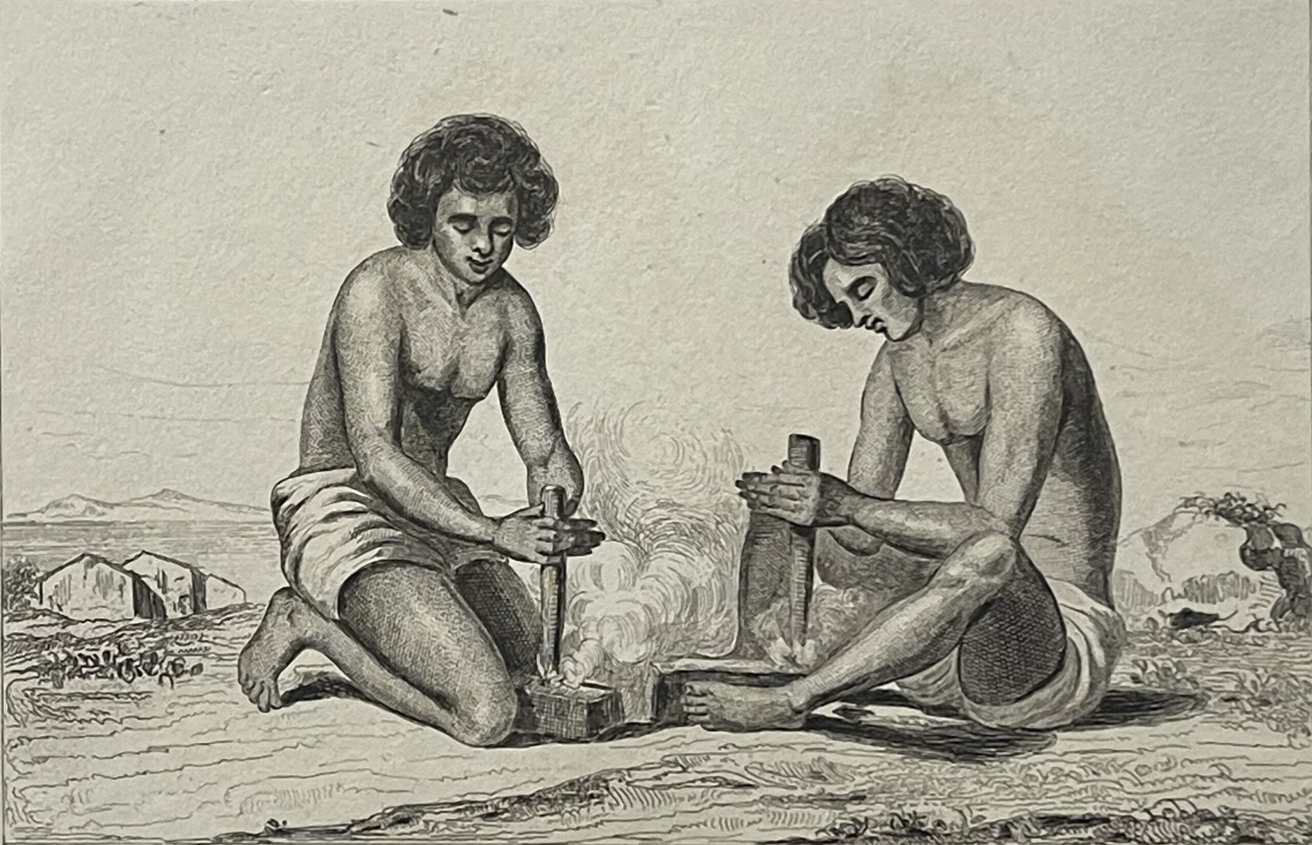 Veguiou Island Fire Making print 1836 Dumont d'Urville Pacific Oceania Véguïou