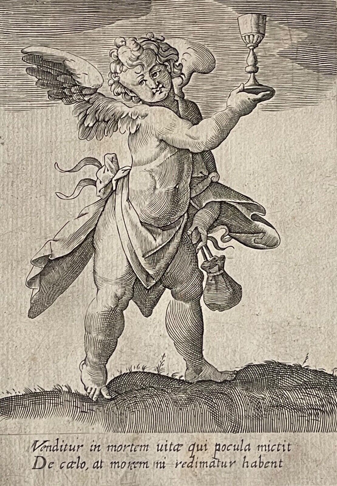 Angel with Chalice & Purse Allegorical Engraving XVI XVII Century Dutch School
