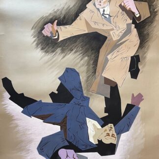 Large French Gouache and Ink Painting – Fight Scene – c. 1950