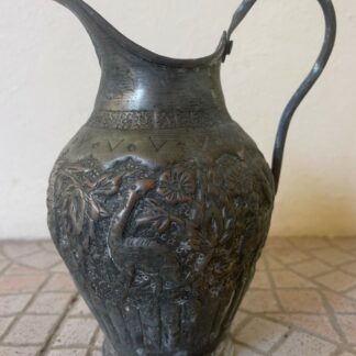 Persian Qajar Tinned Copper Ewer Engraved Birds Flowers 19th C. Iran