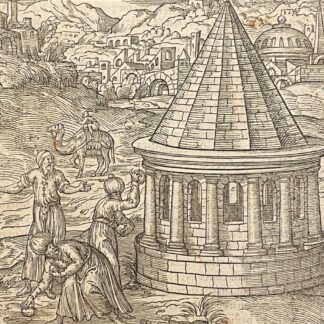 Israel Jerusalem woodcut dated 1575 showing figures throwing stones at Absalom’s Tomb, associated with André Thevet.