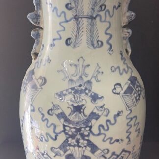 China celadon vase with blue and white scholar objects, flowing ribbons and applied ornaments, 42.7 cm high