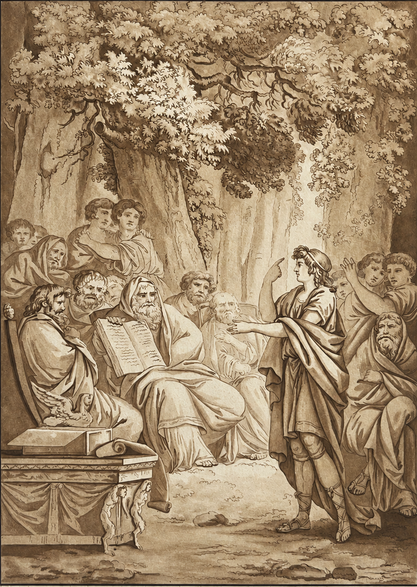 Telemachus Before the Sages of Crete Antique Brown Ink and Wash Drawing Grèce