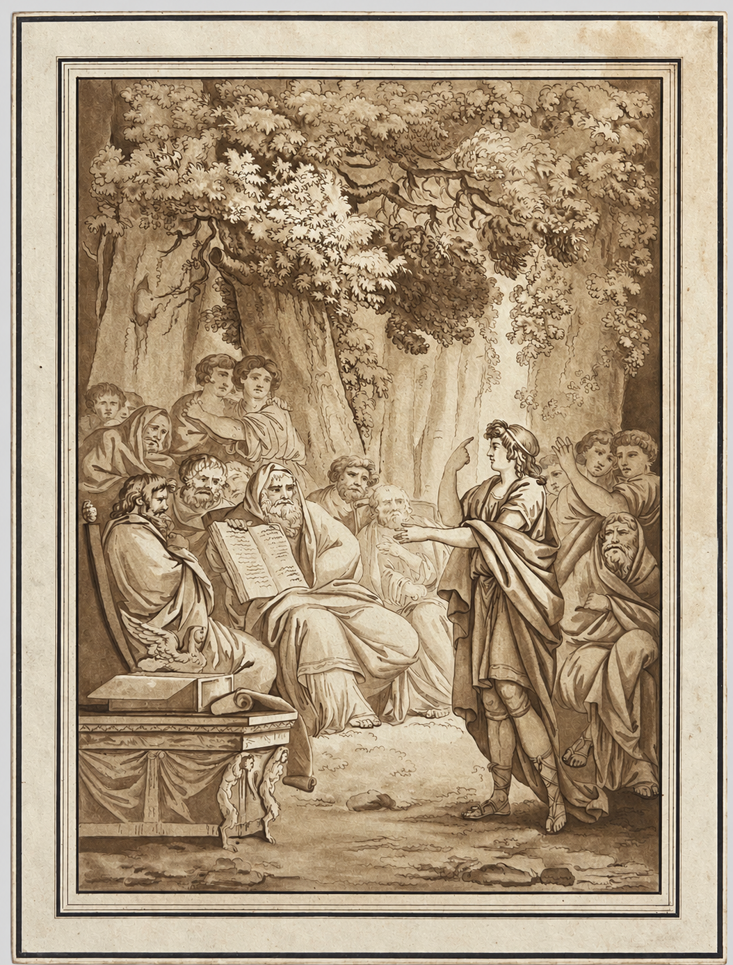 Telemachus Before the Sages of Crete Antique Brown Ink and Wash Drawing Grèce – Image 6