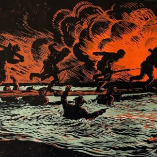 Gu Yuan Human Bridge Woodcut showing soldiers and civilians crossing a makeshift bridge under fire
