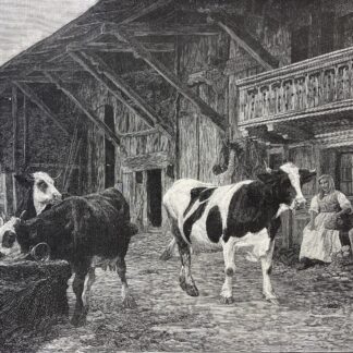 Eugene Burnand Swiss Farm c.1883 Wood Engraving Henri Thiriat Cattle Suisse