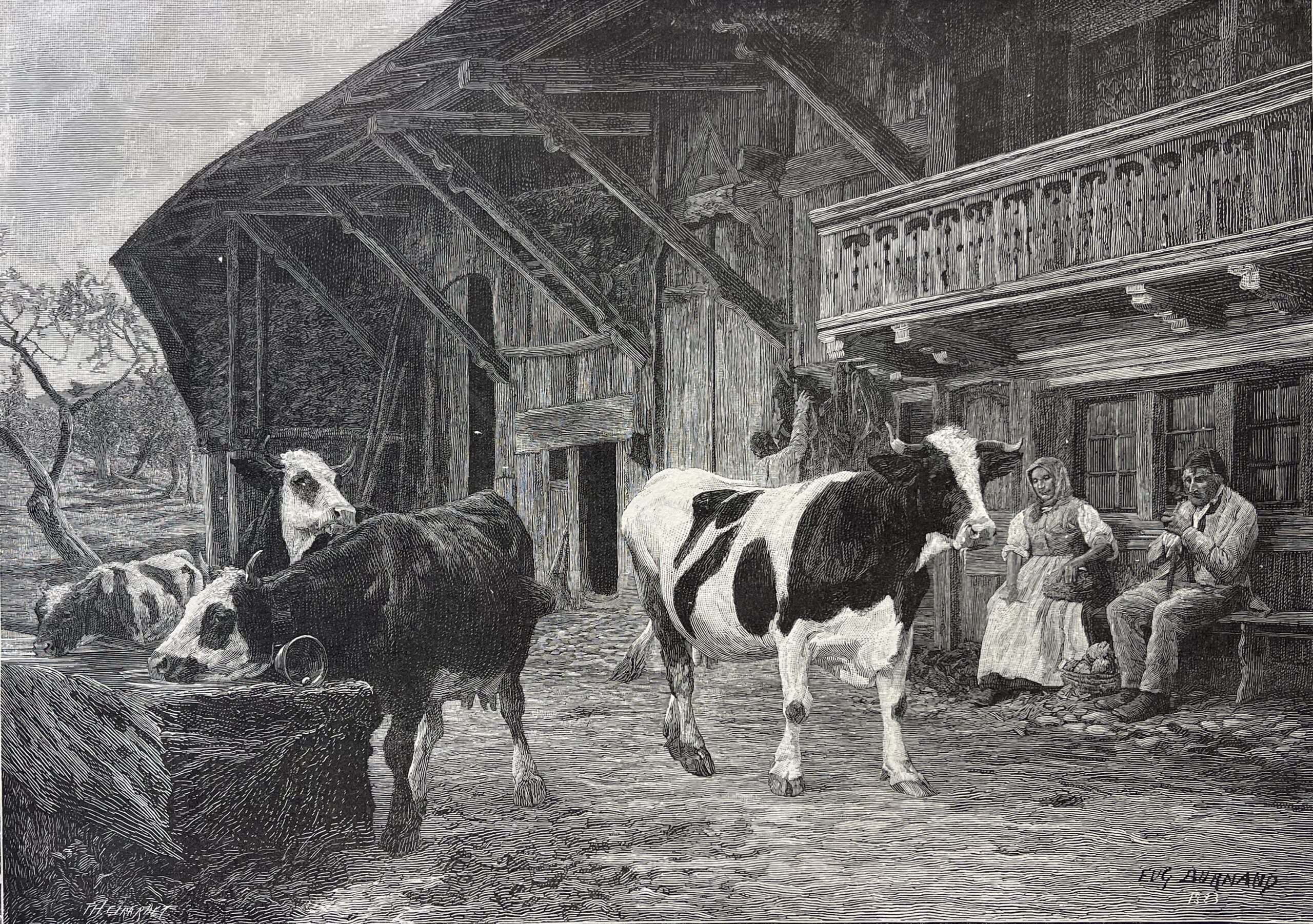 Eugene Burnand Swiss Farm c.1883 Wood Engraving Henri Thiriat Cattle Suisse