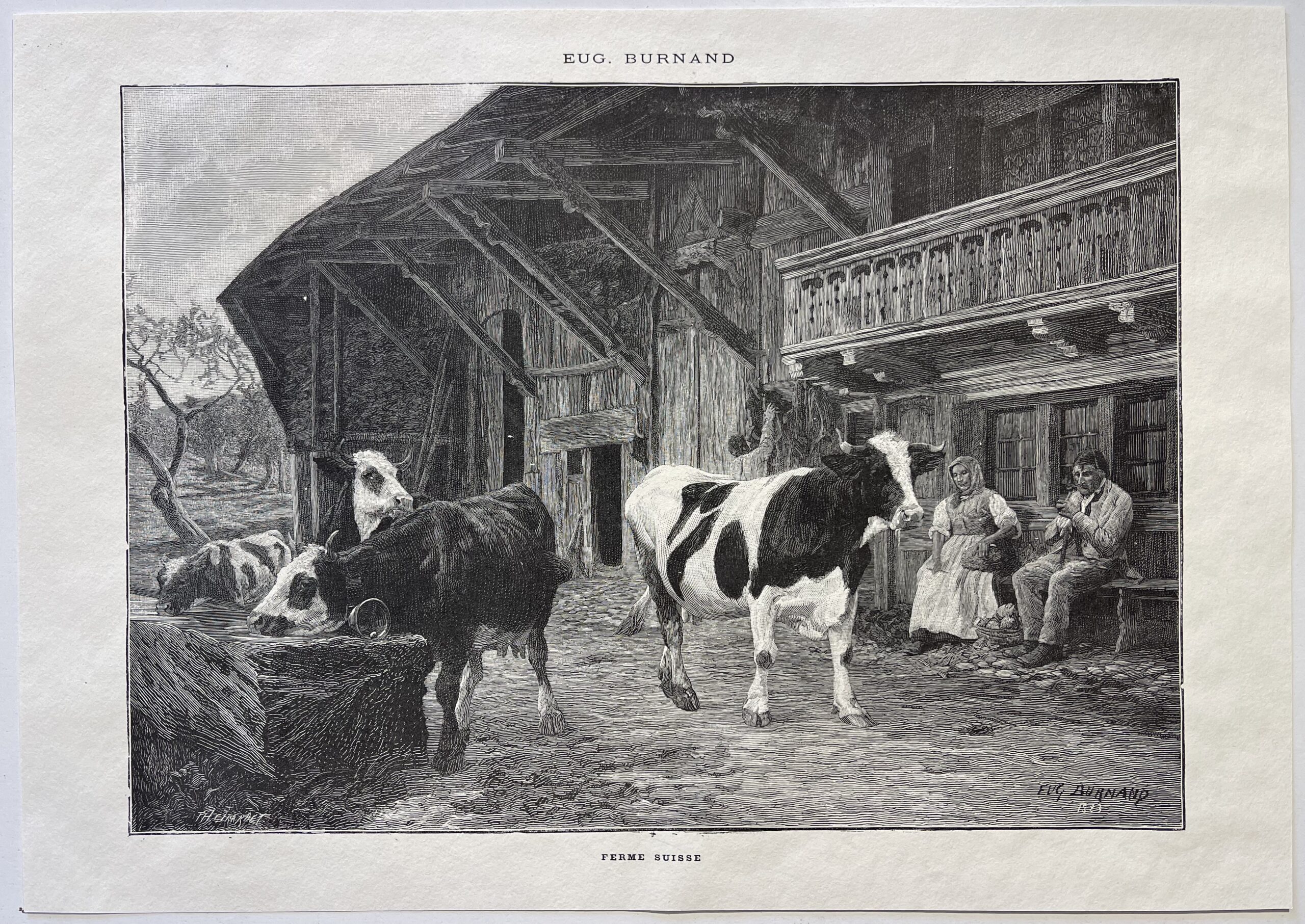 Eugene Burnand Swiss Farm c.1883 Wood Engraving Henri Thiriat Cattle Suisse – Image 3