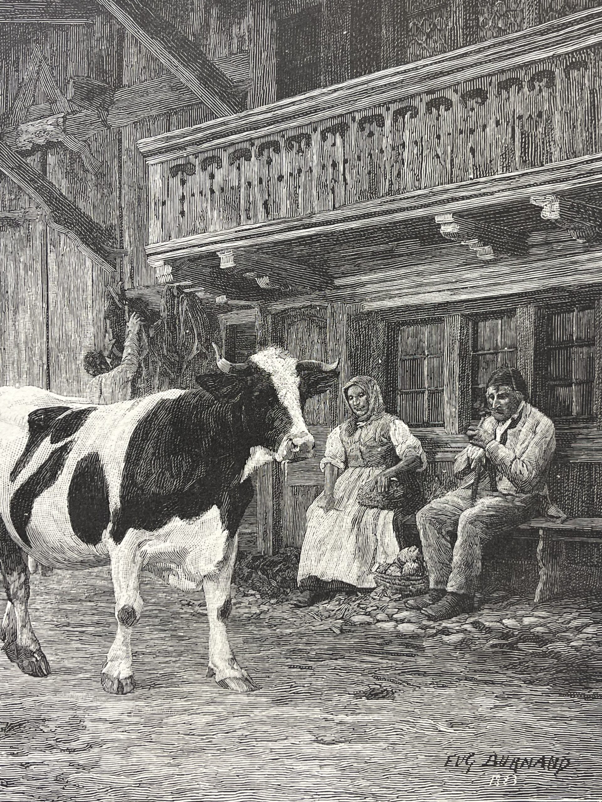 Eugene Burnand Swiss Farm c.1883 Wood Engraving Henri Thiriat Cattle Suisse – Image 5