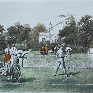 Lawn Tennis Aquatint circa 1900 — Players in a Garden Setting