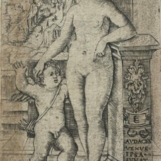 Venus and Cupid with Latin Motto – Antique Engraving Possibly by Hans Sebald Beham