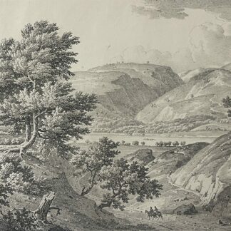 Vue du Rhône près de Vienne, Isère, lithographie de Constant Bourgeois datée de 1819, imprimée par Delpech, avec arbres, collines et cavaliers.