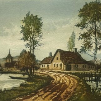 Joly colour aquatint showing a lakeside road, village houses, a church tower, trees and a boat, with a handwritten title and pencil signature.