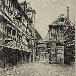 Strasbourg Bas-Rhin Cour du Corbeau etching by Leopold Robin, showing timber-framed buildings, a covered gallery and a cobbled courtyard.