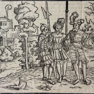 Antique German woodcut depicting three Renaissance soldiers before a fortified town