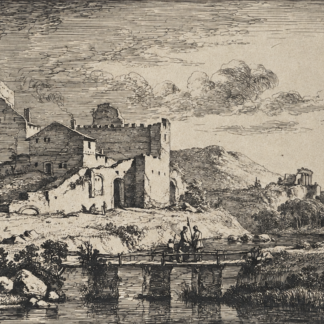 Boissieu bridge etching showing figures on a small bridge beside ruins, circa 1830 chine-colle restrike of the 1773 plate.