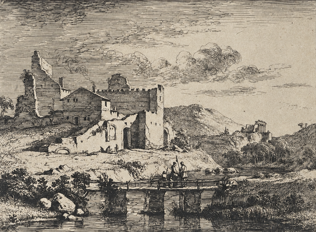 Boissieu bridge etching showing figures on a small bridge beside ruins, circa 1830 chine-colle restrike of the 1773 plate.