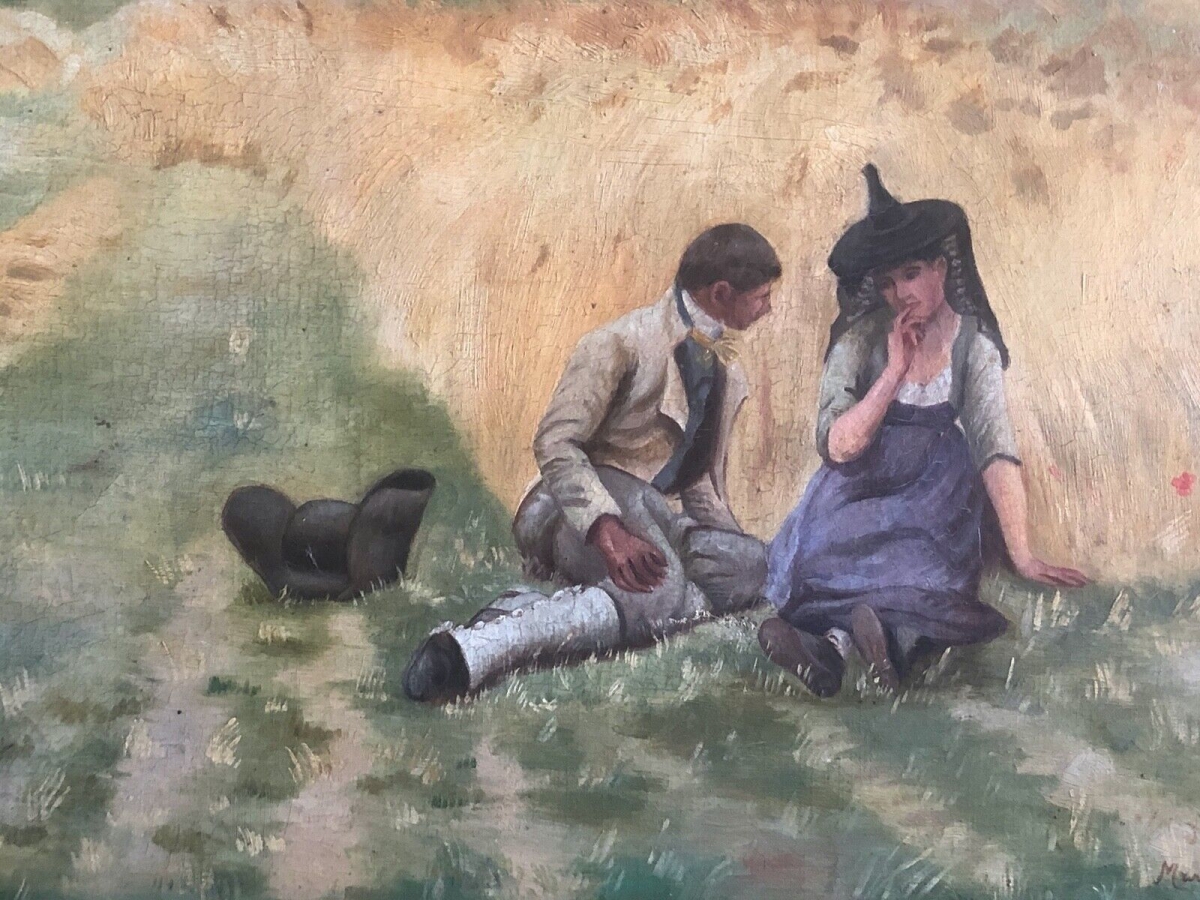 After Aime Perret – L'Aveu dans les Bles, Antique Oil on Canvas – Image 9