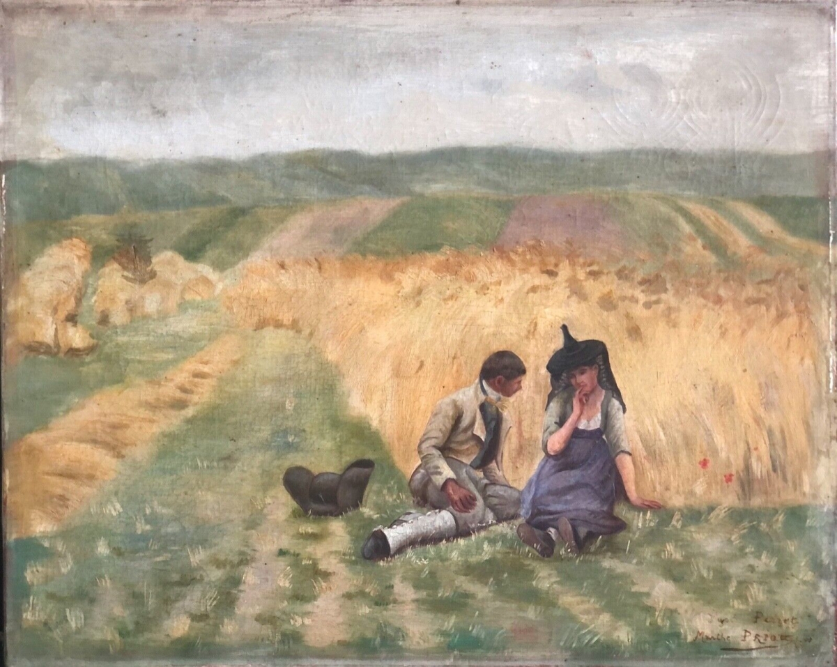 After Aime Perret – L'Aveu dans les Bles, Antique Oil on Canvas – Image 2