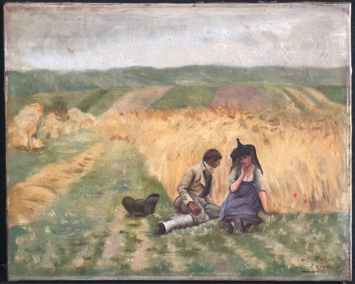After Aime Perret – L'Aveu dans les Bles, Antique Oil on Canvas