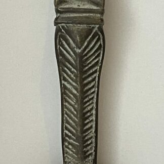 Gabon bronze spoon with a human figure, chevron-decorated handle and rounded bowl
