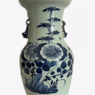 China Qing 19th C Celadon Blue White Floral Baluster Vase 33.5cm Chine